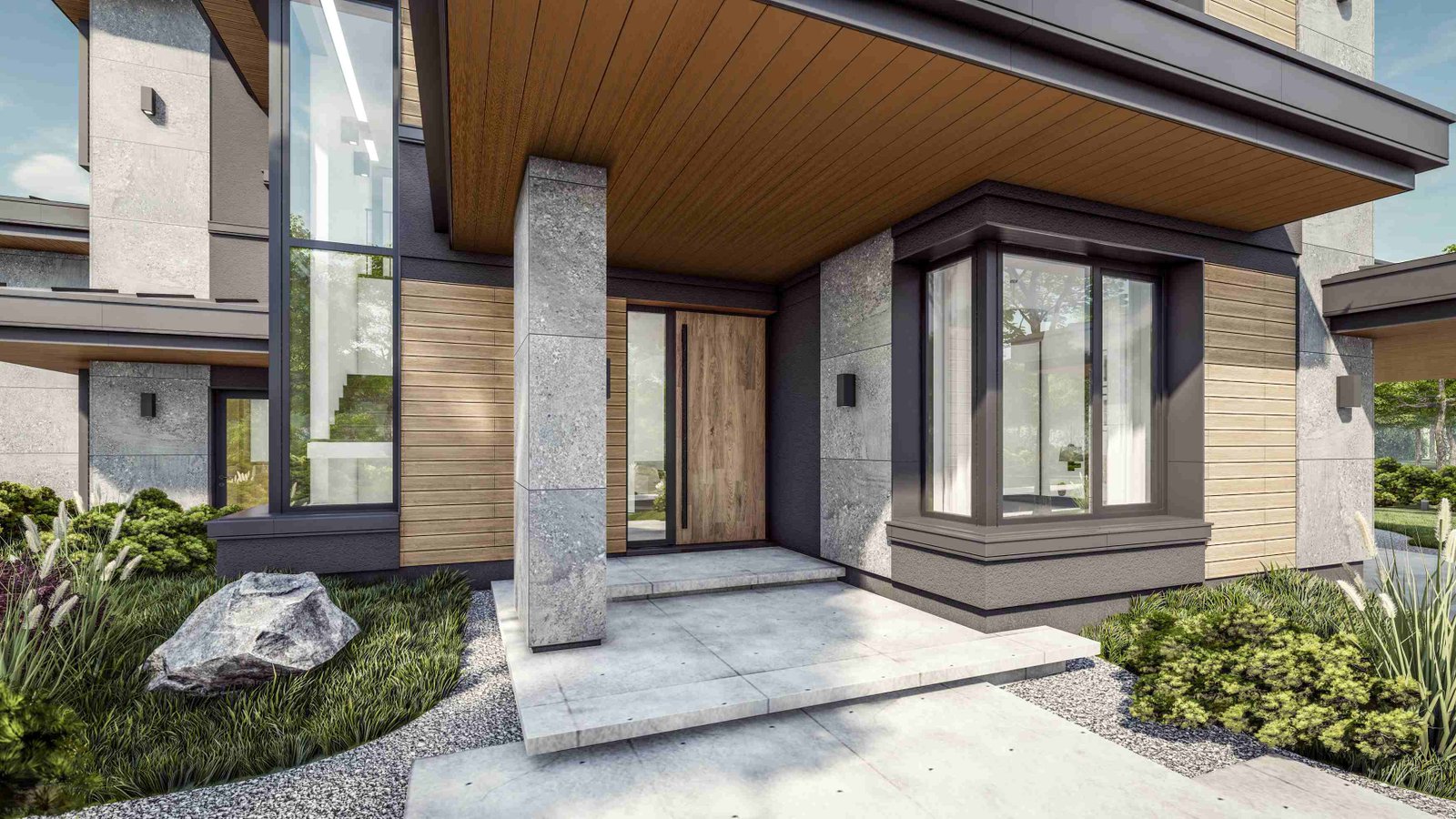 Plafon PVC dipasang di teras rumah modern dengan pencahayaan lembut,